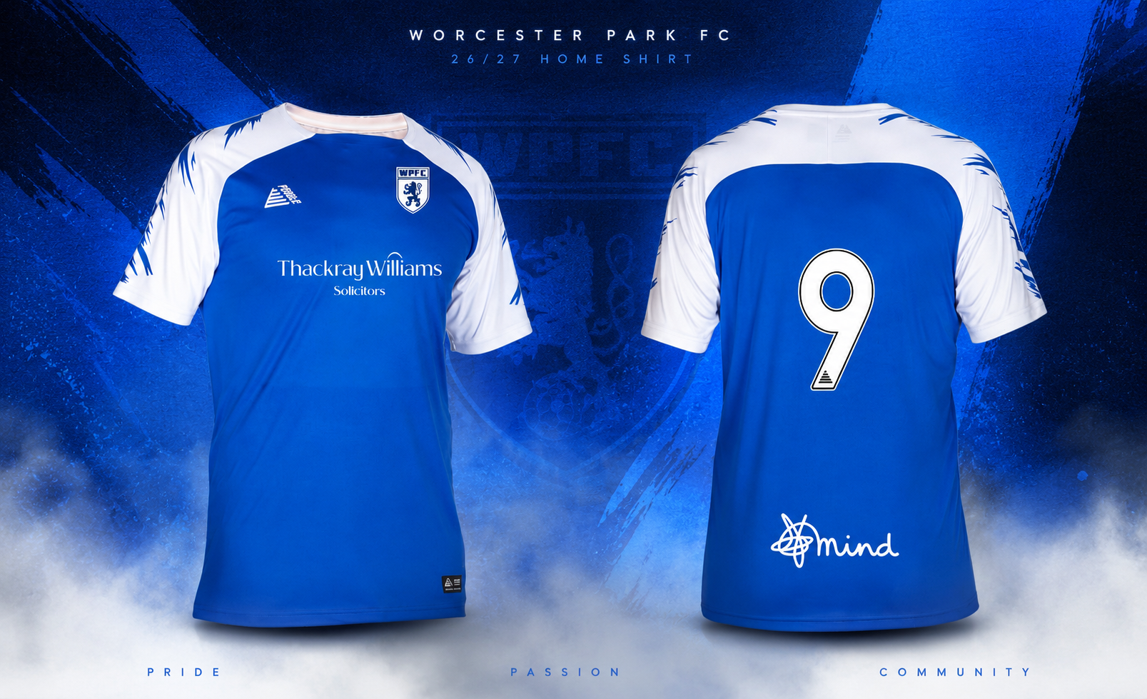 Worcester Park FC 26/27 home shirt — royal blue with white shoulders, Thackray Williams Solicitors on the front and Mind on the reverse
